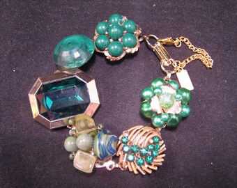 Bridesmaid Gift, Wedding, Vintage Earring Bracelet, Reclaimed, Charm, Cluster, Emerald, Gold, Jennifer Jones, Under 40 - Green with Envy