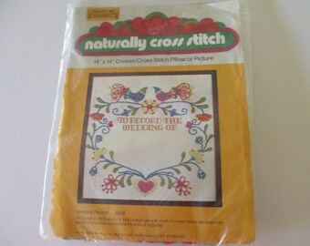 Crewel Embroidery Wedding Pillow or Picture Kit, Wedding Gift, Crewel Pillow Kit, Vintage Wedding Crewel Embroidery, Vintage Wedding Record
