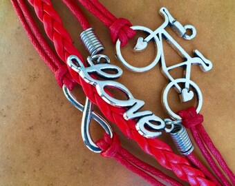 Love Red Bicycle Bracelet, Friendship Bracelet / Bike Bracelet, Bike Jewelry, Bicycle Jewelry, Bicycle Gifts, Bike Lover, Mountain Bike