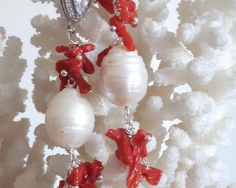 White Baroque pearl earrings, coral and Swarovski crystals