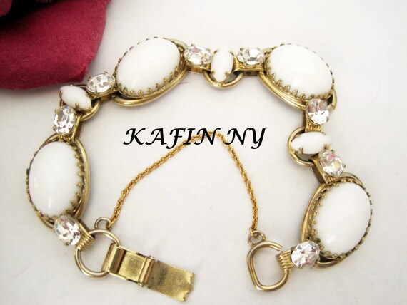 Kafin NY Bracelet - Milk Glass Bracelet - White Cabachon - Rhinestone - Gold Tone Links