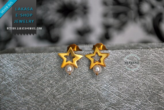 Freshwater Pearl Star Stud Earrings Sterling Silver Goldplated Greek Handmade Jewelry Birthday Gift Mother Girl Elegant Style Woman Blue Sky