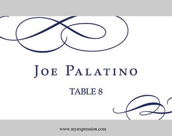 Wedding Place Cards (Flat ) Template – Calligraphic Flourish (Navy Blue) - Instant Download - Editable MS Word File