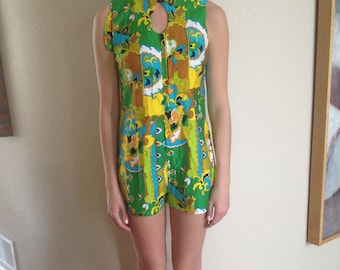 Playsuit Romper Matching Skirt Slits 1970