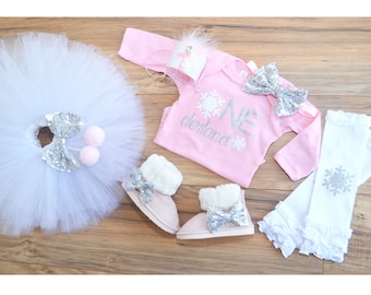 Winter in wonderland first birthday, frozen outfit, winter party themed, smash cake outfit, Silver Pink tutu.