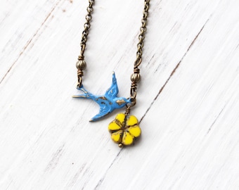 Bird and flower necklace, blue bird necklace, yellow flower necklace, boho style, layering necklace, nature necklace, gift for nature lover