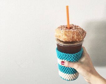 aqua and white iced coffee cup cozy. coffee cup cozy. Crochet coffee cozy. cotton cup cozy. Eco friendly cup sleeve. coffee lover gift