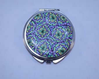 Polymer Clay Embellished Compact Purse Mirror, Blue Green Purple Kaleidoscope