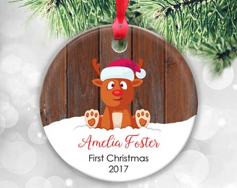 Baby's First Christmas Ornament, Baby Ornament, Baby First Ornament, Baby Girl Gift Baby Girl Christmas Gift Baby Deer Ornament Santa Sleigh