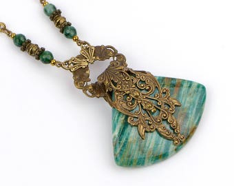 African Amazonite Necklace, Gemstone Necklace, Amazonite Pendant, Green Necklace, Natural Stone Jewelry, Gift for Her, Gift For Wife
