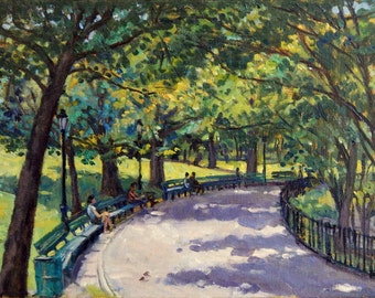Park Benches, NYC. Large Original Oil Painting, New York City Oil on Canvas, 12x20 Impressionist Fine Art, Signed Original Oil
