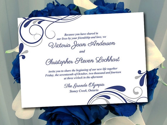 Wedding Invitation Template Winter Wedding Navy Blue Silver