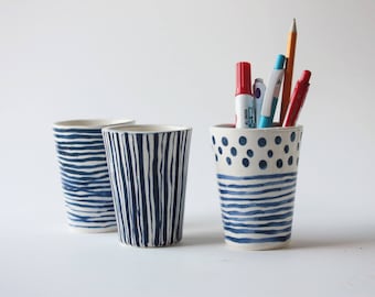 3 Ceramic desk accessories, Ceramic planter, Ceramic tumbler, pen cup, Pencil holder, Ceramic pencil cup, Blue Pencil cup, Blue cup, 6700