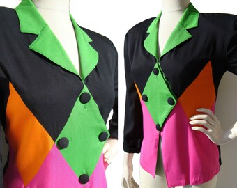 Vintage 80s Jacket Harlequin Color Block Memphis Design Geometric Blazer M