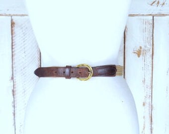 Vintage tan/light brown chord canvas leather horseshoe brass buckle belt/made in England/28