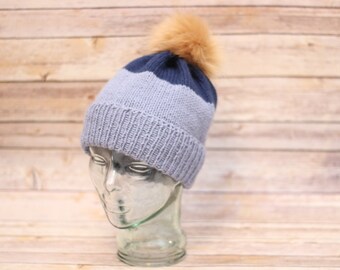Handmade Colorblock Winter Hat with Faux Fur Pom Pom