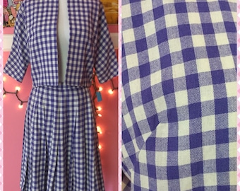 50s vintage blue gingham checkered 2 piece set pleated skirt suit bolero jacket