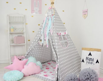 Dotted Teepee, Play Tent, Dotted Tent, Polka Dot Teepee, Polka Dot Tent, Floral Teepee, Flower Tent, Children Teepee, Reading Lamp