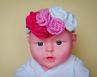 Flower headband, crochet headband, baby girl, hair accessory, toddler headpiece, baby shower, pink white, photo prop, cotton yarn, ombre