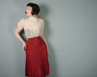 70s PLEATED skirt by COPPERNOB - floral textured dark brick red romantic midi skirt - 24" / xs