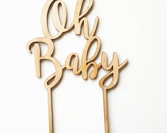 MDF Bamboo Oh Baby Cake Topper. Laser cut wooden cake topper perfect for a baby shower. Raw wood party accessories.