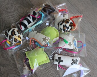 THREE catnip or bell cat toys ~ fleece cat toy - catnip - bell - ribbons - handmade - toys - cat play