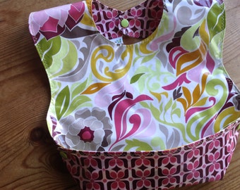 Wipeable and washable, BPA Free, Laminated Snappy Pocket Bib, Halle Rose fabric by Lila Tueller, Crumb catcher, self feeder NOT oilcloth