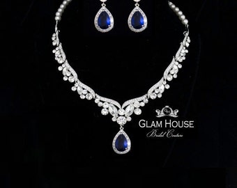 Sapphire Jewelry Set,Sapphire necklace,Sapphire earrings,bridal earrings,blue earrings,pearl necklace,something blue,bridal jewelry,Sapphire