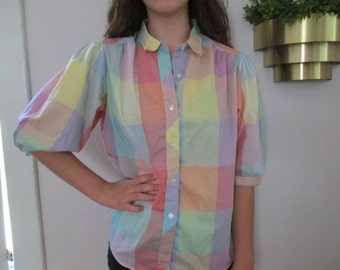 Puffy sleeve color block blouse Cheryl Tiegs USA