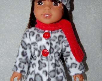 Jacket Hat Scarf for 14" Wellie Wishers or Melissa & Doug Doll Clothes white-gray tkct1167 long fleece coat handmade READY TO SHIP