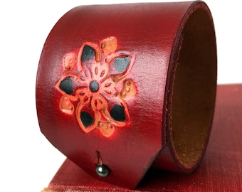 Blood Red Flower Tooled Leather Cuff Bracelet Armband, Adjustable Closure, Eco Friendly, Leather Wristband, USA Seattle Handmade, OOAK
