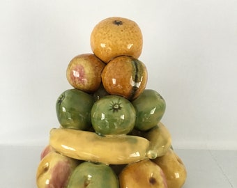 vintage glazed pottery ceramic topiary fruit - fake fruit - still life - Fruit tower - prop