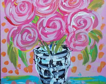 Ready to Ship Abstract Roses in Vase Painting 11 x 14 Flat Canvas YelliKelli