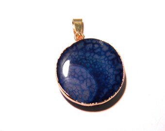 Pendant natural agate - 37 mm - set gold - blue-F118 - semi precious gem stone-