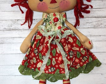 Christmas Mittens and Snowflakes Emma Anne - Primitive Raggedy Ann Doll
