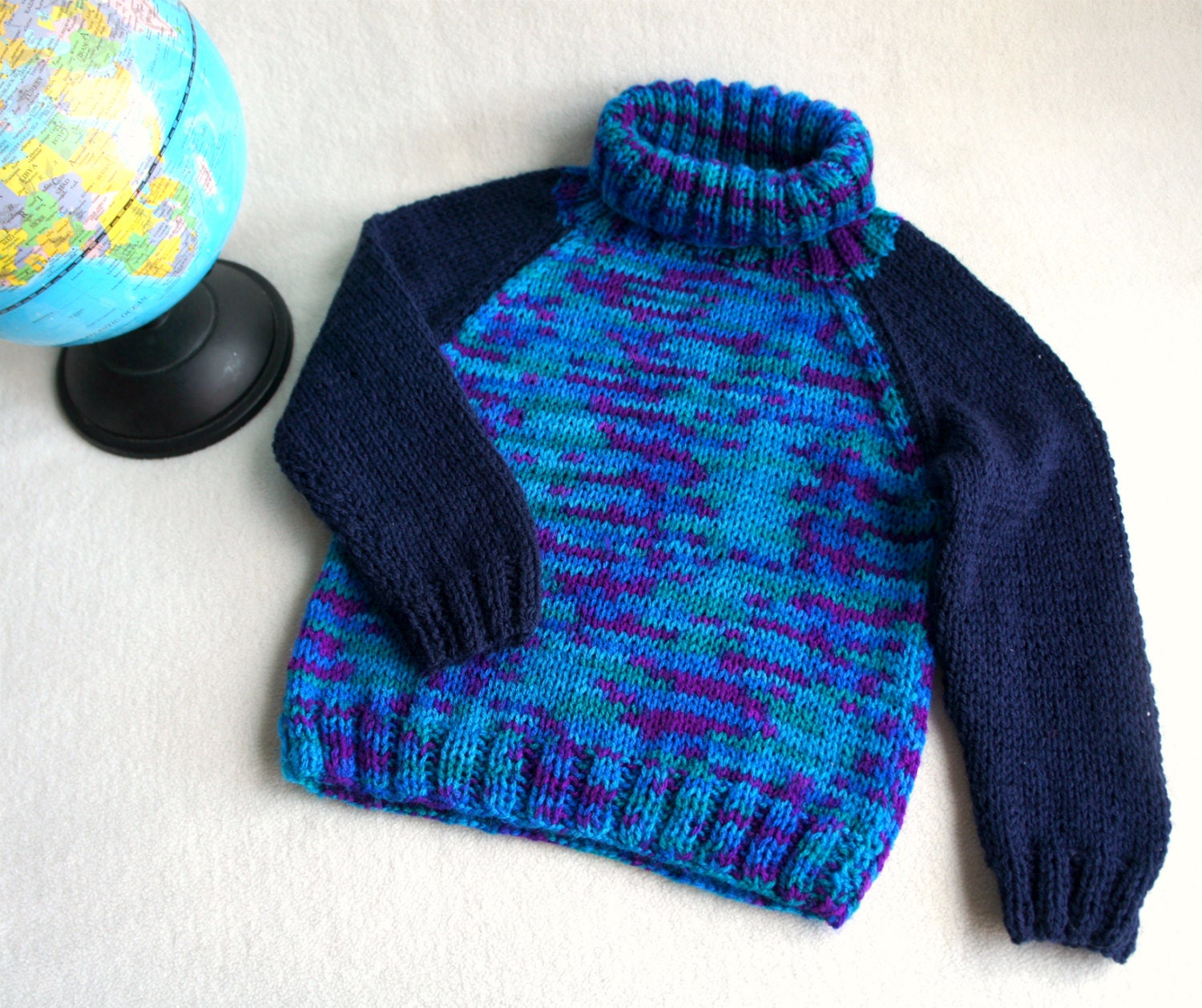 Hand knitted boys sweater blue green knit sweater wool boys