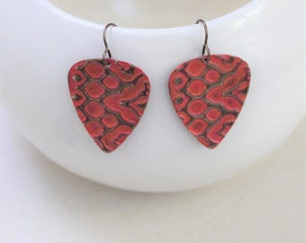 Guitar Pick Earrings, Guitar Pick Jewelry, Music Jewelry, Musician Gift, Patina Jewelry, Vintaj Jewelry, Orange Pink Jewelry, Brass Jewelry