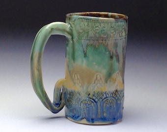 Huge Ceramic mug, wonky funky mug, handmade Beer Stein, tall coffee cup, hand built pottery,aqua green blue,runny drip glaze, big coffee mug