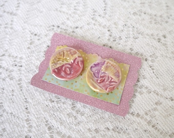 Set of 2 Large Round Ceramic Clay Buttons, Shank Style, Yellow, Lavender and Rose Pink Luster Glaze
