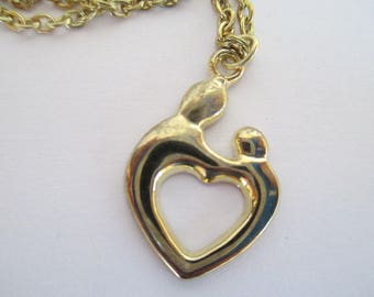 Mother and Child, Vintage, Heart, Pendant, Necklace, on Goldish Chain - 20"