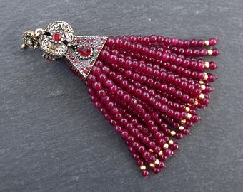 Large Long Red Jade Stone Stone Beaded Tassel with Red Clear Crystal Accents - Antique Bronze - 1PC - NEW FULLER