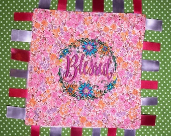 Blessed Taggy, Embroidered Taggy, Sensory Toy, Lovey, Security Blanket, Tag Blanket, Baby Shower Gift,