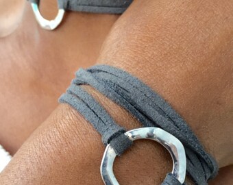 Boho Wrap Bracelet, Wrap Around, Affirmation Bracelet, Circle Charm, Gift for Her, Faux Suede, Leather, Triple Wrap Bracelet, Bangle