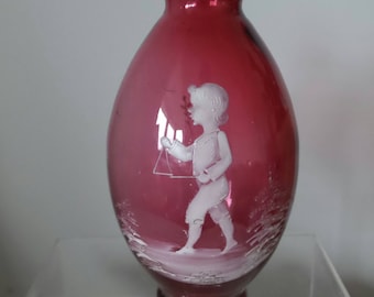 Mary Gregory glass ruby red vase