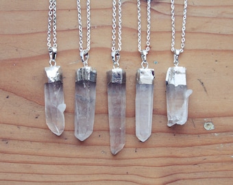 Silver Dipped Raw Quartz Crystal Point Necklace - Rough Clear Spike with Sterling Silver Plated Chain, Natural Layering