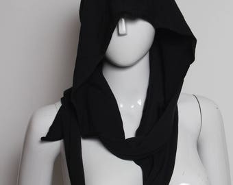 black hood, festival hood, bohemian hood, hooded scarf, peasant hood, assassin hood, celtic hood, gothic hood, burning man, viking hood
