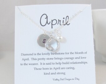 April Necklace,April Jewelry,Diamond Necklace,Diamond,Diamond Jewelry,Initial Necklace,Pearl Necklace,Personalized,Monogram Necklace,Pearl