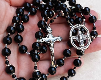 Classic black onyx and sterling silver Catholic Rosary by The Peaceful Bead
