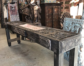 Antique Tribal Carving Haveli Stone Sofa Table Extra Long Wooden Console Rustic Luxury Console Table Vintage Style