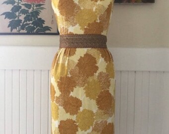 Vintage Pin Up 50s 60s Printed Floral Yellow Wiggle Dress Sz Small